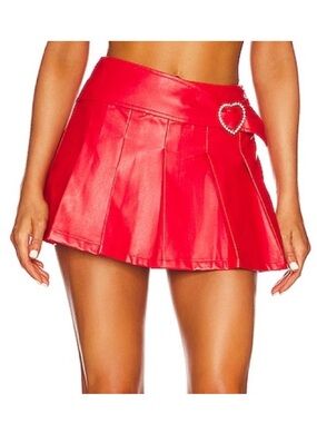 Red Pleated Mini Skirt with Heart Buckle Accent
